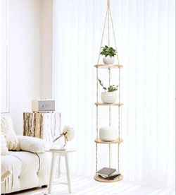Hemp Rope Hanging Plant Shelf from Ceiling for Narrow Space Boho Hanging Plant Shelves, Natural Pine Wooden Plant Stand Display for Indoor, Outdoor, C