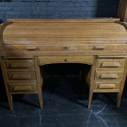 2 piece Oak Antique vintage C Shape Roll Top Office or Library Desk