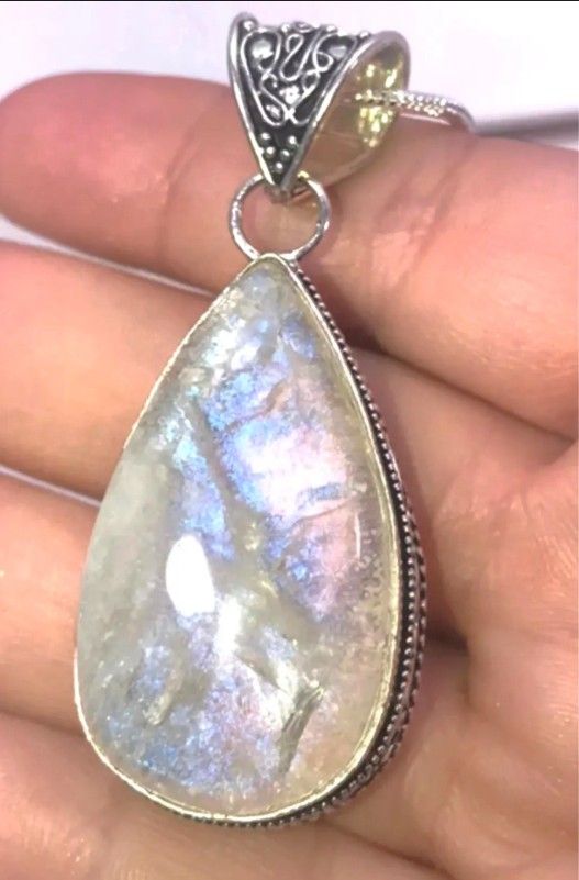 Natural Fiery Rainbow Moonstone Teardrop Shape & .925 Stamped Sterling Silver Necklace NEW!