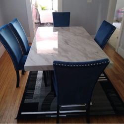 Brand New// Blue 7-piece Genuine Marble Dining Room Set,  Table And Chairs,  Comedor 