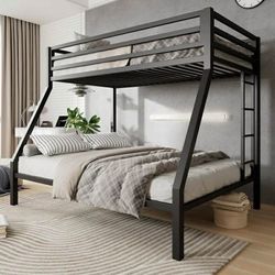 Twin over Full Size Metal Bunk Bed with Removable Ladder, Full-Length Guardrail, Black