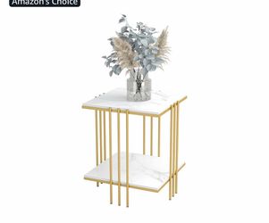 Sintered Stone End Table: 2 Tier Square White Sofa Side Table - Small Coffee Table with Golden Frame - Modern Bedside Nightstand for Living Room Bedro