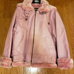 Pink leather coat. Size small, but runs big.