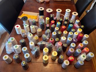 Huge Sewing & Crafting Lot: 74 Spools 6,000-Yd Thread Cones + Elastic & Fringe