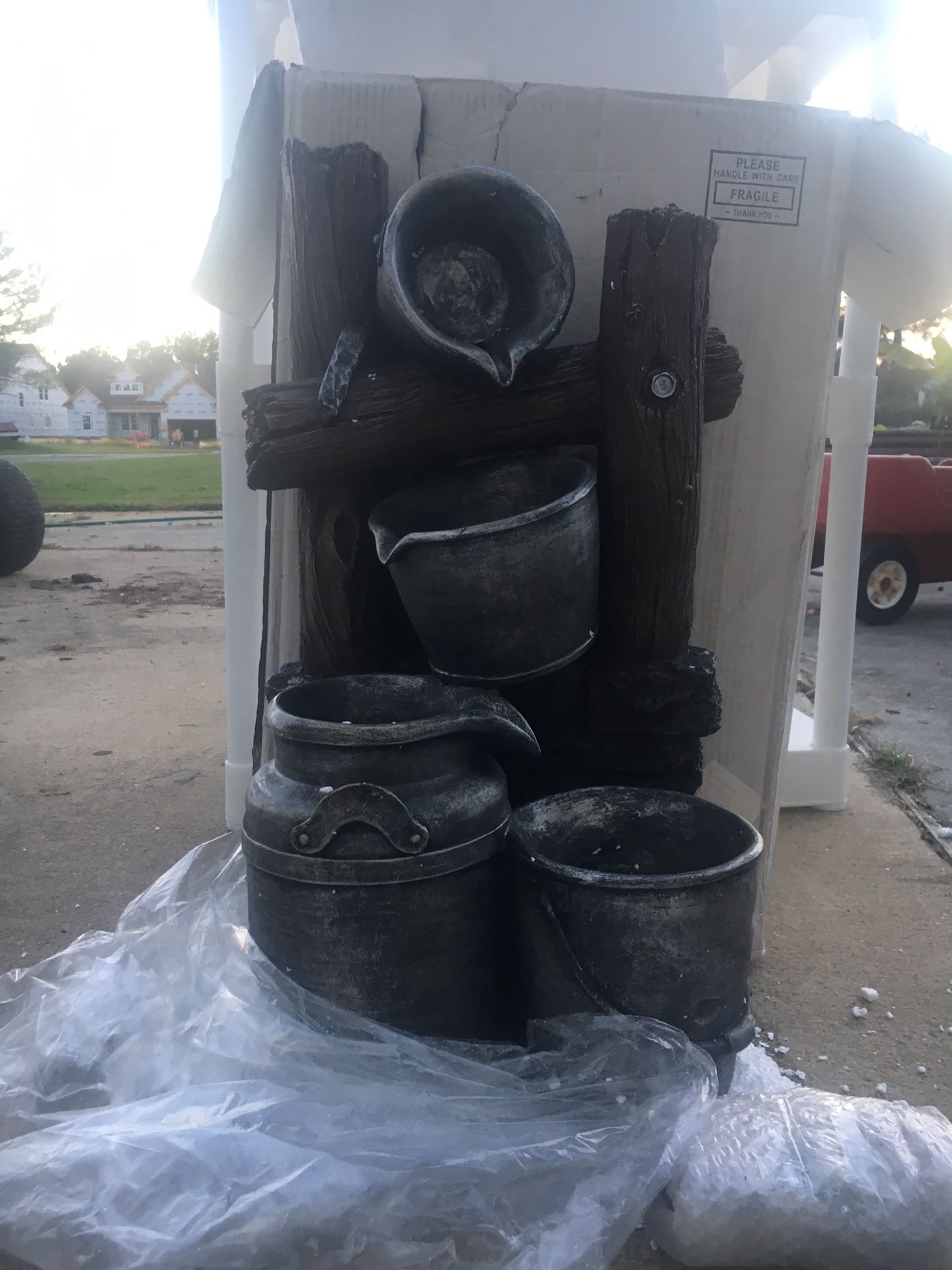 New Beckett Corporation Silver Buckets on a fence fountain w/ pump