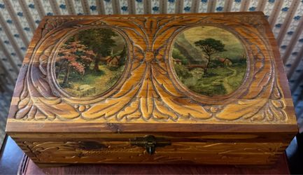 Vintage Hand Carved Cedar Jewelry Box Treasure Chest Mirror