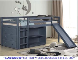 Twin loft slide bed with shelf & chest. Available in grey & white. Assembly required. Assembly not included. Tax included. Free local delivery.  With 