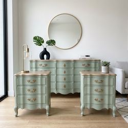 Wooden 12-drawer French provincial dresser and two three drawer nightstands