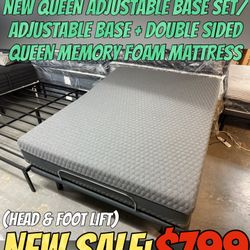 NEW QUEEN ADJUSTABLE BASE SET/ADJUSTABLE BASE + DOUBLE SIDED MEMORY FOAM MATTRESS 