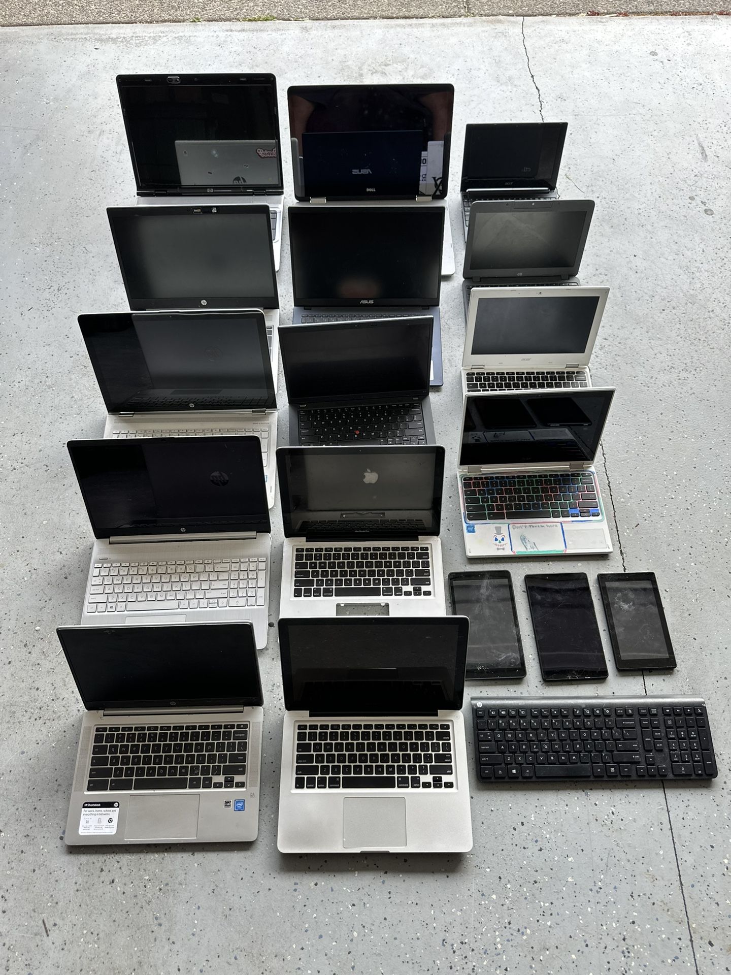 Lot of 14 Laptops, 3 Tablets & Wireless Keyboard – Untested – Sold As-Is