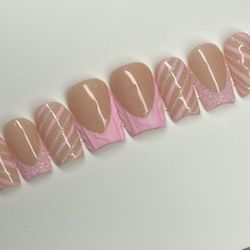 Short square Press on nails rhinestones acrylic flowers pink glitter French tip