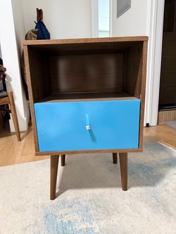 Mid-Century Modern Nightstand with Blue Drawer