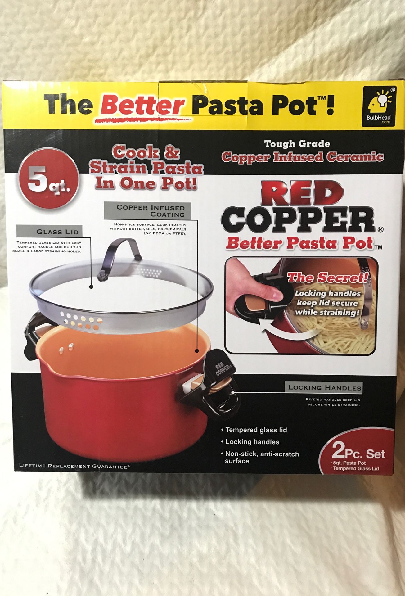 Red Copper Infused Non-Stick Ceramic 5 Qt Better Pasta Pot 2pc Cook &  Strain Set