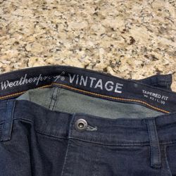 Men’s Weatherproof Vintage Brand Stretch Jeans, 42 Waist 30 Inches Long, Blue Denim, Flexible Material, Tapered Legs