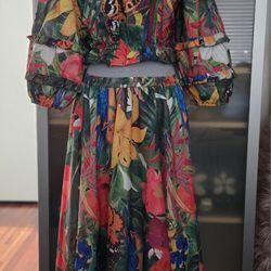 NEW Rachel Zoe 2 PC SET Maxi Skirt Off Shoulder Top Blouse Green TROPICAL M