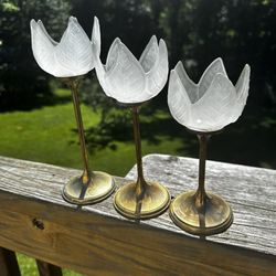 Vintage Brass Candlesticks Lotus Tulip Flower Votive Candle Holders Set of 3