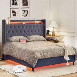 New in box Queen Size Platform Bed Tufted Upholstered Bed Frame with 48.4" Tall Wingback Headboard, LED Lights, Charging Station, Wooden Slats, No Box