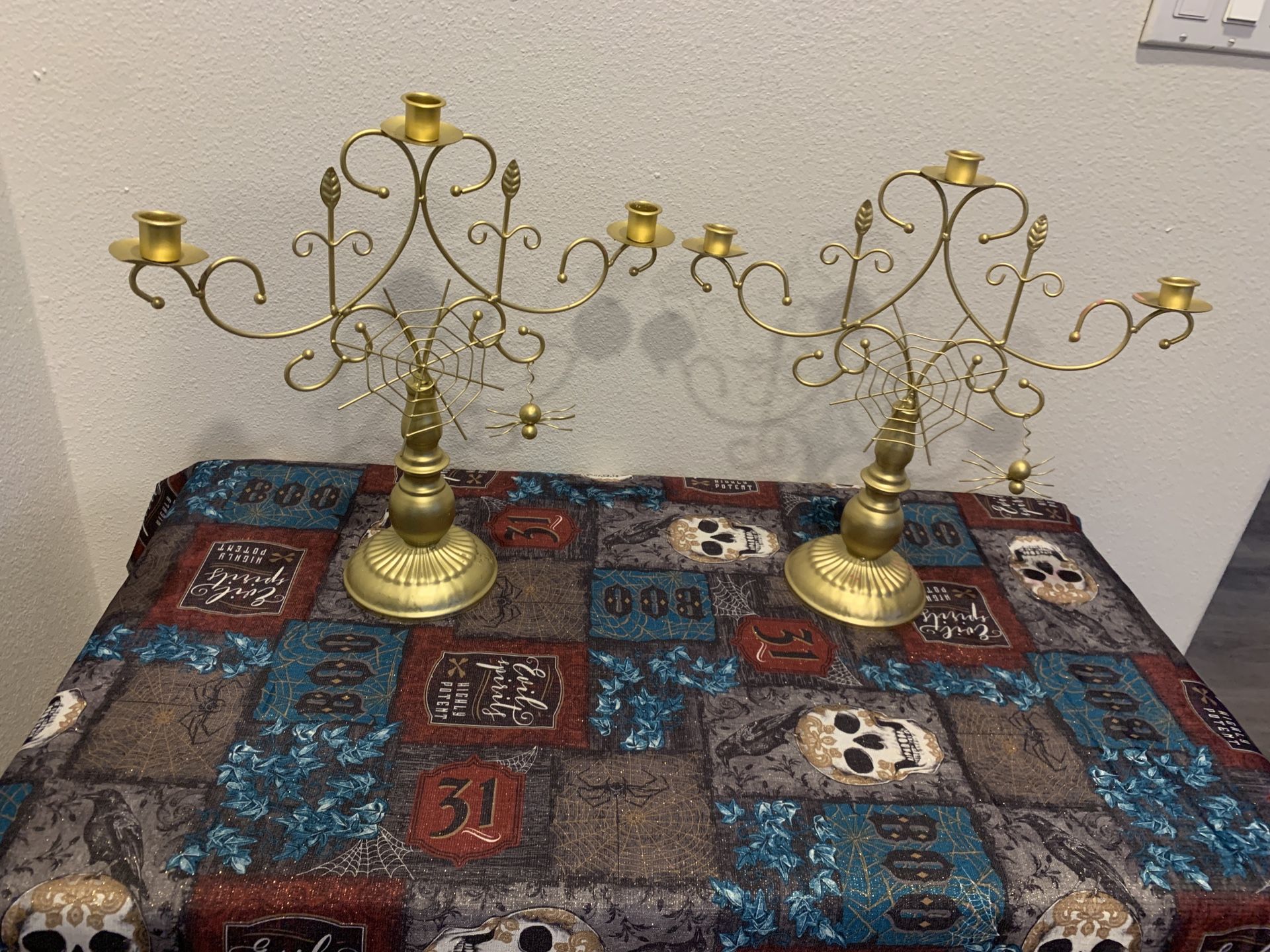Halloween Gold & Black Skeleton Spider candle Holders & Table Cloth Set - Simi Valley