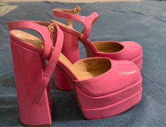 Pink Patent Platform Block Heel Pumps