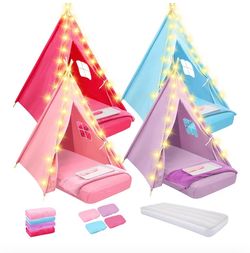 Windyun 4 Pack Kids Teepee Tent for Slumber Party with Mattress and Lights, Sleepover Tents for Girls Boys Indoor Outdoor Cotton Teepee with Airbed Tr