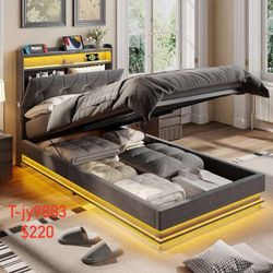 Twin Size Lift Up Storage Bed Frame, Storage Headboard with Charging Station, LED Lights Upholstered Platform Bed, No Box Spring Needed, Noise-Free, D