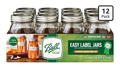 Ball Regular Mouth Easy Label Glass Mason Jars with Lids and Bands, Used for Canning, Pickling, Juice, Jam, Jelly, Pint Size 16 Ounce (Pack of 12
