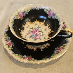 Chugai China Tea Cup and Saucer - Black and Tan - Occupied Japan