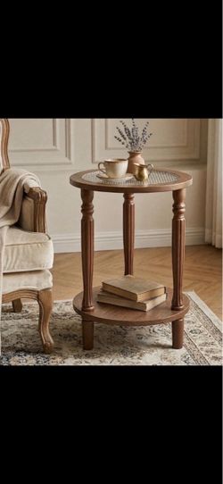 Walnut Brown Round 2‑Tier French Vintage End Table with Glass