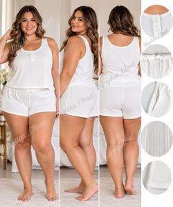 Auden Women’s White Ribbed Tank Top & Shorts 2-Piece Pajama Set Size 1X