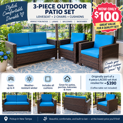 PRICE DROP! $100 – 3-Piece Wicker Patio Set w/ All Cushions