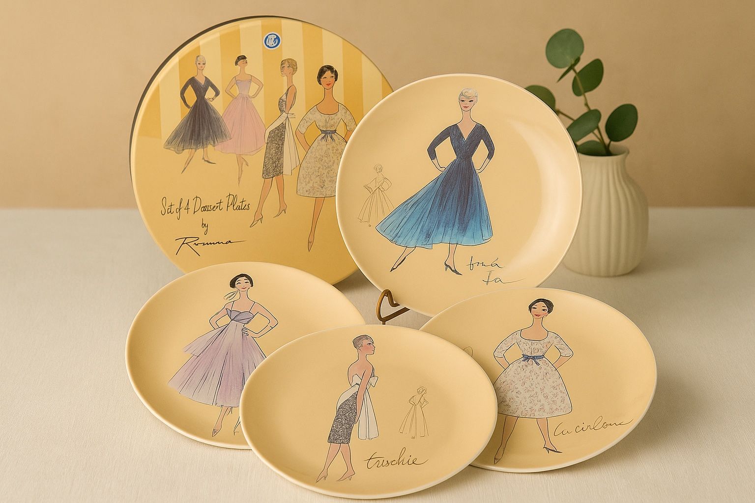 Rosanna China 2000s Set Of 4 Fashion Illustration Dessert Plates, NIB, 8”