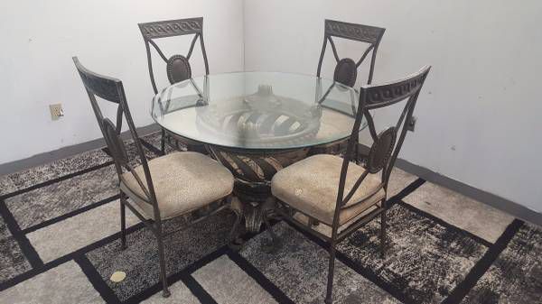 Glass Top & Heavy Wrought Iron Dining Room Table and 4 Chairs