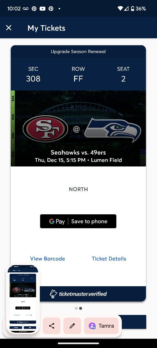 2 Tickets to 49ers vs Seahawks - Middle Field On Aisle