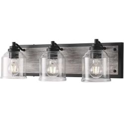 23" Large Farmhouse Bathroom Vanity Light, Handmade Grey Wood Vanity Light with Bubble Glass Shades, 3-Light Rustic Wall Sconce Lighting Fixtures Over