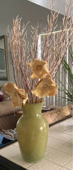 Green Ceramic Vase with Dried Floral Arrangement