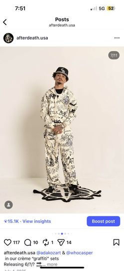 Afterdeath.usa crème graffiti sweatsuit  Flare pants w a cropped hoodie  Religious streetwear clothing brand  Only a few sizes left  2 sets of 2XL  1
