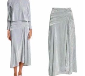 Vince Ruched Velvet Paneled Midi Skirt  Pale Sea Glass Size 8 NWT