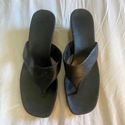 Women’s Size 9 Black & Cork Thong Flip Flop 3 Inch Heel Leather Sandals Summer Shoes 