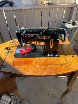 Vintage White Sewing Machine with Wood Cabinet