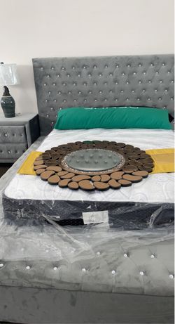 Grey Velvet Tufted Bed Frame with Crystal Accents w/ gray chest included with crystal handles