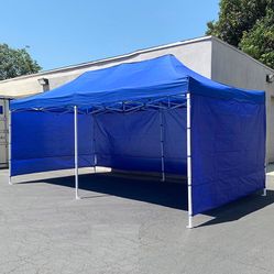 $225 (New in box) Heavy duty 10x20 ft canopy (with 4 sidewalls) ez pop up outdoor party tent w/ carry bag (white/blue)