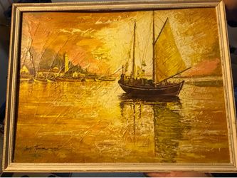 Vintage Sailboat Harbor Painting