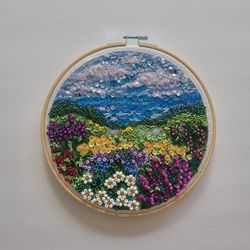 Beaded Landscape Embroidery Hoop Art, 8x8 Textured Meadow Sequin Wall Hanging, Impressionist Bead Mosaic Wildflower Field, Unique Craft Gift