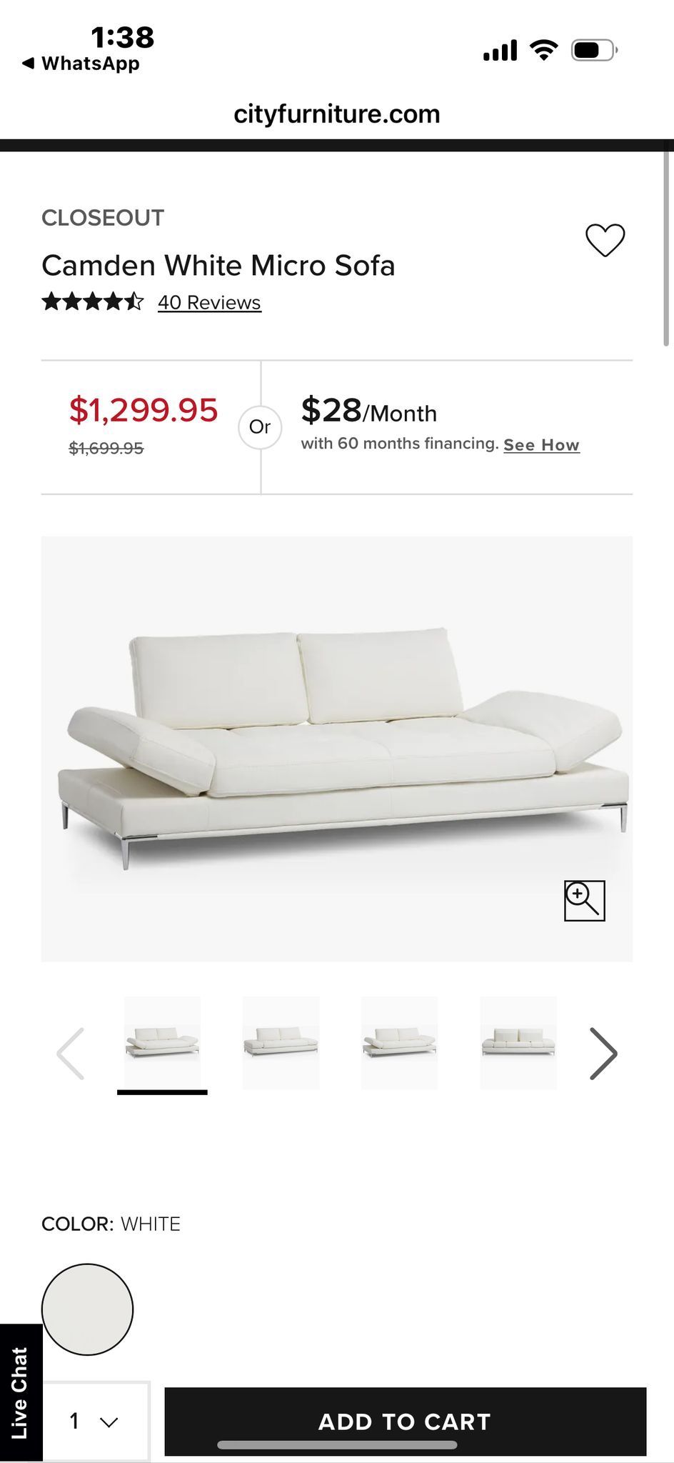 White Leather Adjustable Camden Micro Sofa