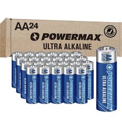 Powermax 24-Count Double AA Batteries, Ultra Long Lasting Alkaline Battery for Home and Office, 10-Year Shelf Life, Reclosable Packaging