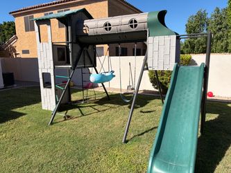 Outdoor Kids Swing Set with Slide and Playhouse