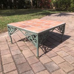 Vintage Wrought Iron Outdoor Coffee Table / Plant Stand With Terracotta Tile Top