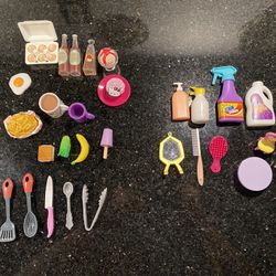 30 Pieces Doll Home Accessories Food Items Utensils Bathroom Cleaning & More