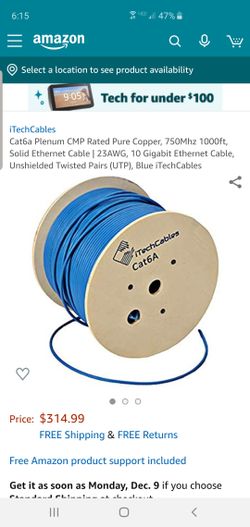 Cat6a Plenum CMP Rated Pure Copper, 750Mhz 1000ft, Solid Ethernet Cable | 23AWG, 10 Gigabit Ethernet Cable, Unshielded Twisted Pairs (UTP),