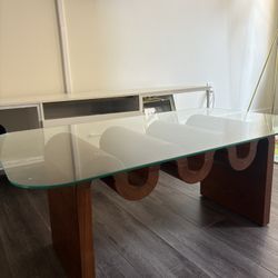 Wood Funky Coffee Table.  Glass Top.  